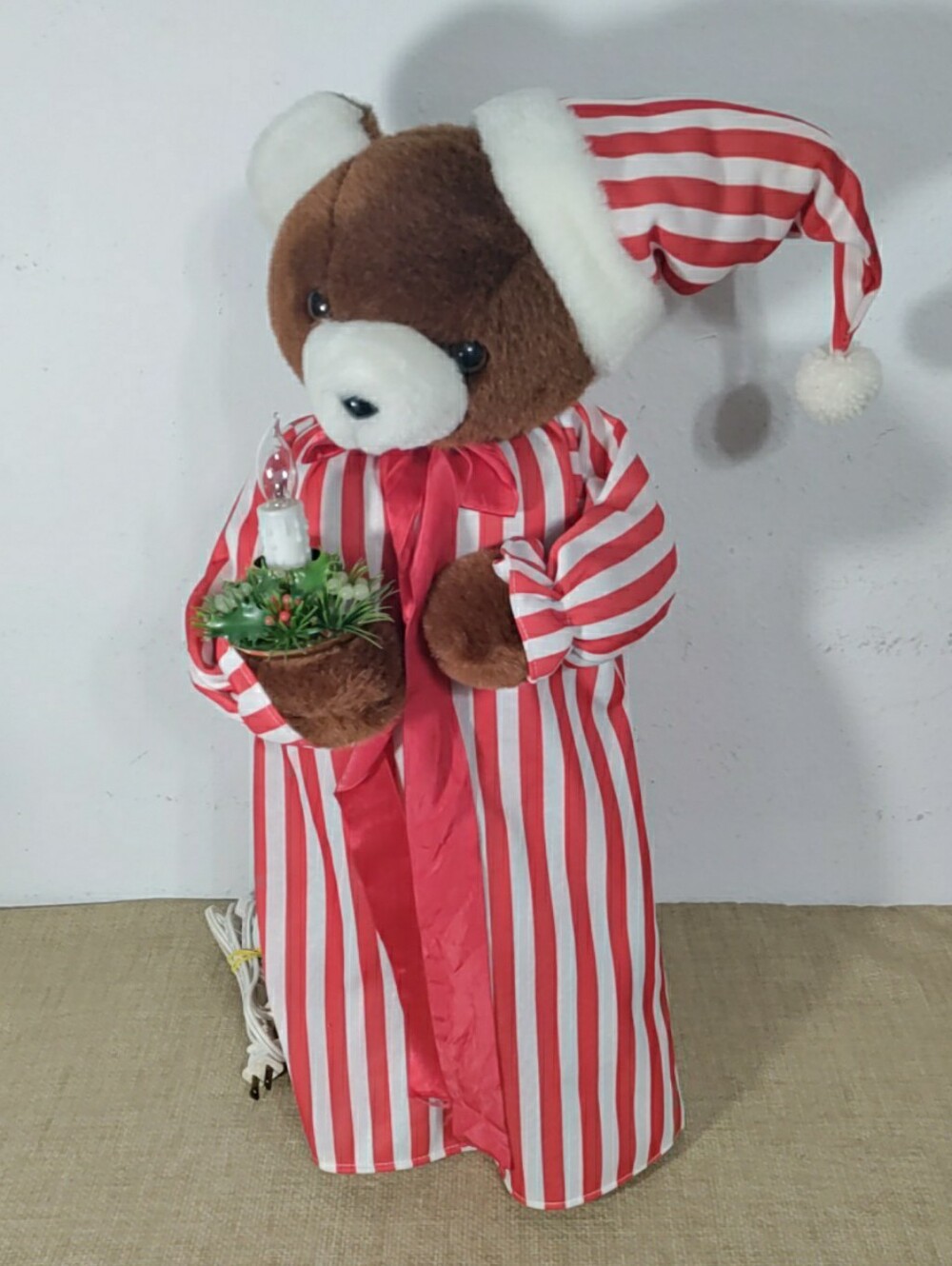Vintage Telco Christmas Motionette Teddy Bear w/Candy Cane Striped Pajamas 24"